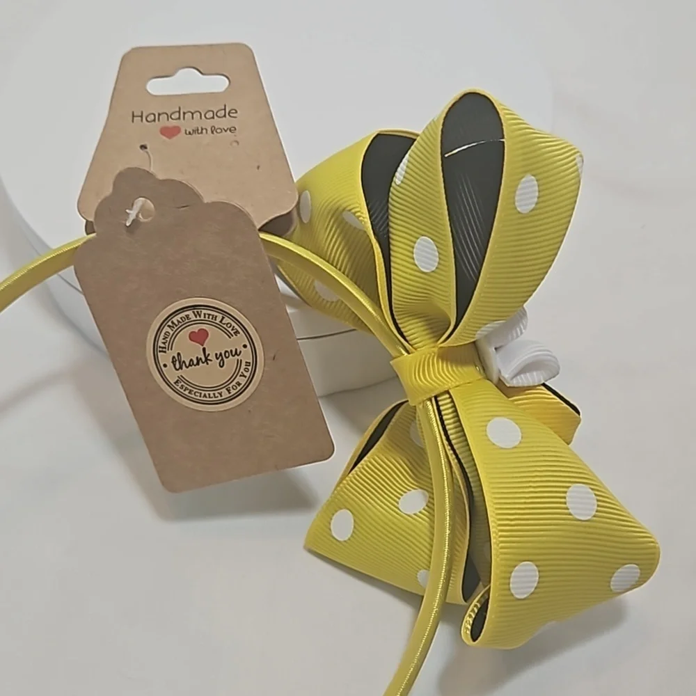 Hand Crafted Handmade Bow Hairband Yellow white polka-dot black contrast ribbon
